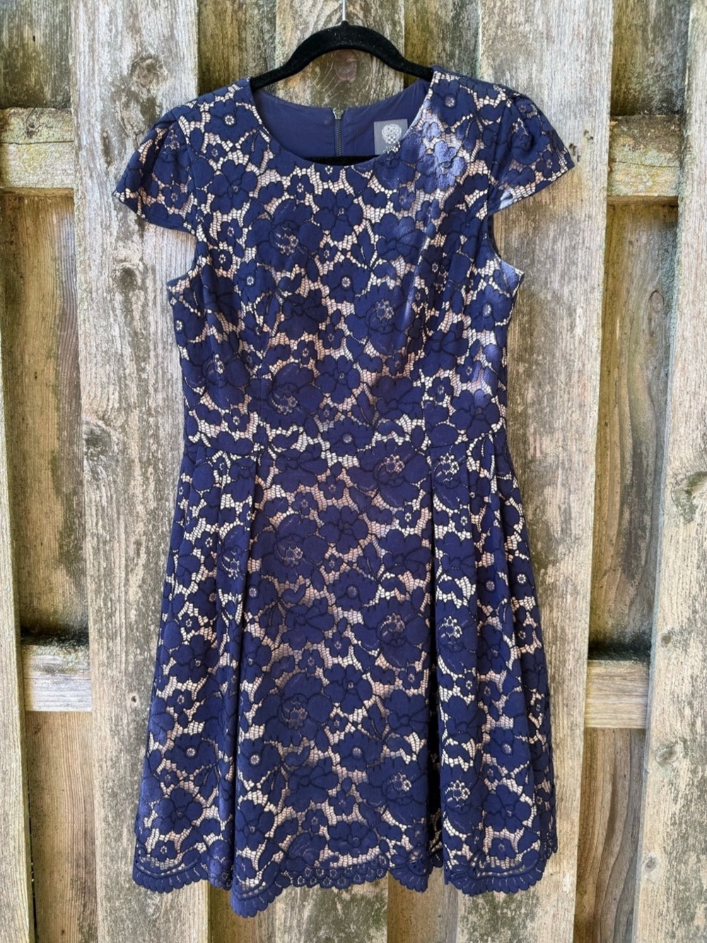 Navy Blue Floral Lace Cap Sleeve Fit & Flare Dress